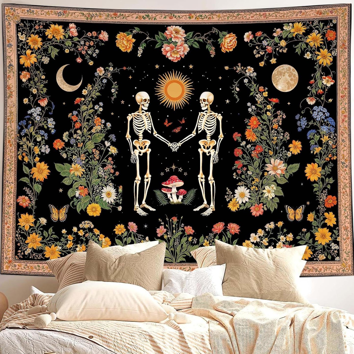 Wegklazax Skull Moon and Flowers Tapestry, Bohemian Hippie Gothic Wall Hanging for Room Decor, Mystical Altar Home Decor 60L x 44W
