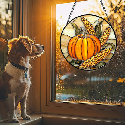 DASTOLL Stained Glass Window Hanging Autumn Harvest Pumpkin Corn Large 11.8" - Image 3