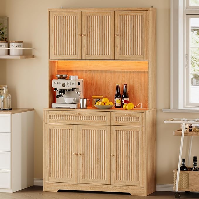 Pantry Cabinet with Charging Station and Light, Tall Kitchen Pantry Storage by BORNOON