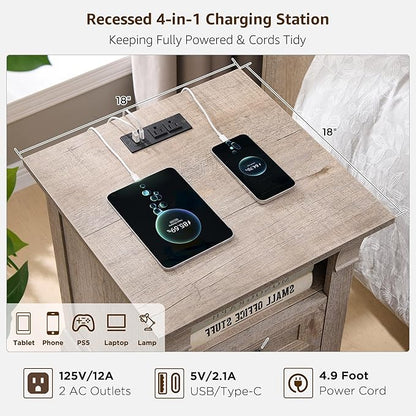 Farmhouse Nightstand with Charging Station, Wooden Side Table w/Roman Column - Image 4