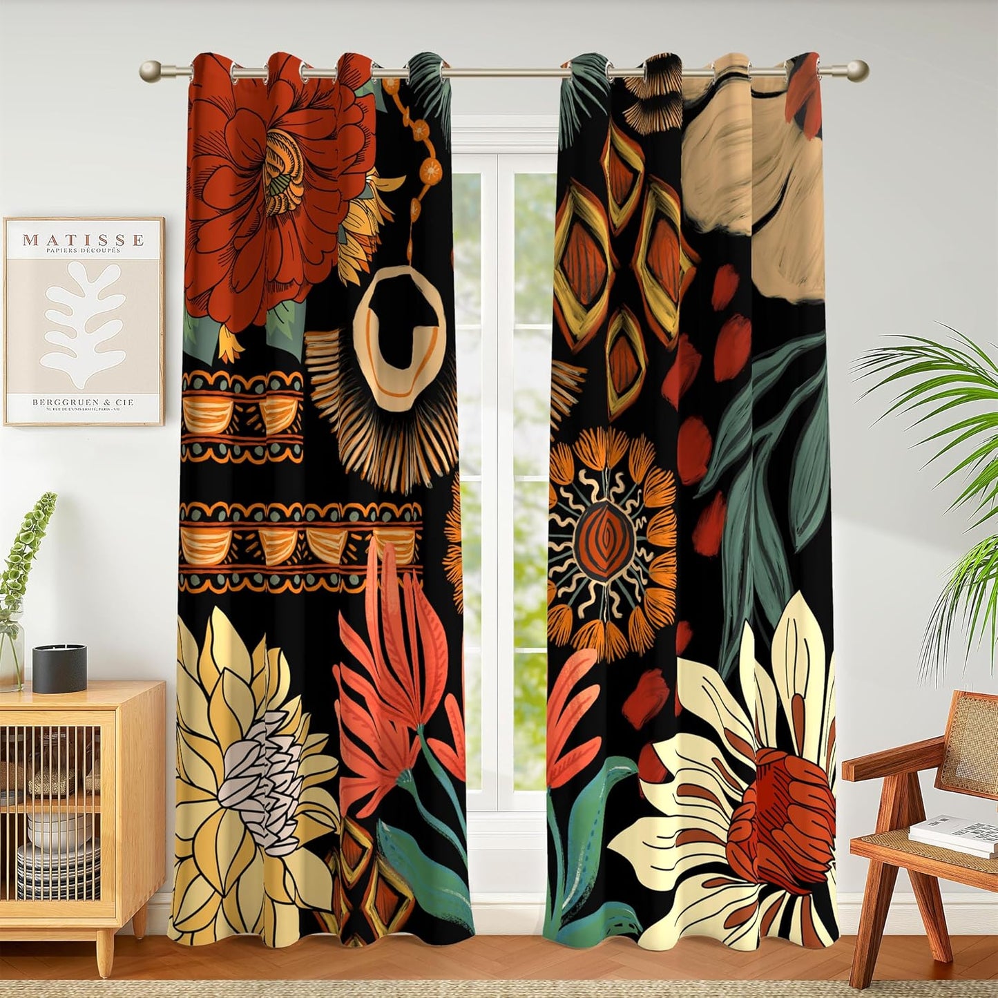 Tyrot Black Floral 100% Blackout Curtains for Bedroom, 52W x 84L,2 Panels | Colorful Botanical, Energy-Saving Thermal Insulation, Light Blocking, Room-Darkening Privacy, Easy Grommet Drapes
