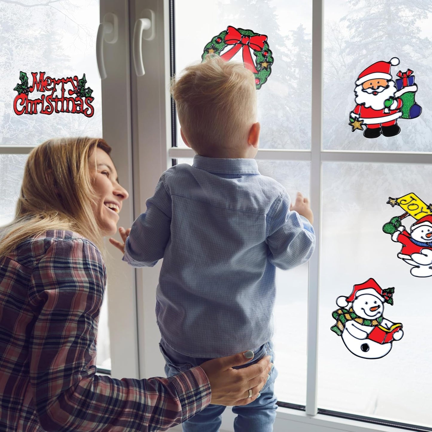 12 Pack Christmas Window Clings Stickers for Glass - Xmas Decor Vinyl Decal | Winter Holiday Decor Vinyl Decals for Kids - Reusable Santa Claus, Snowman, Mirror, Wall & Door Stickers for Indoor & Outdoor