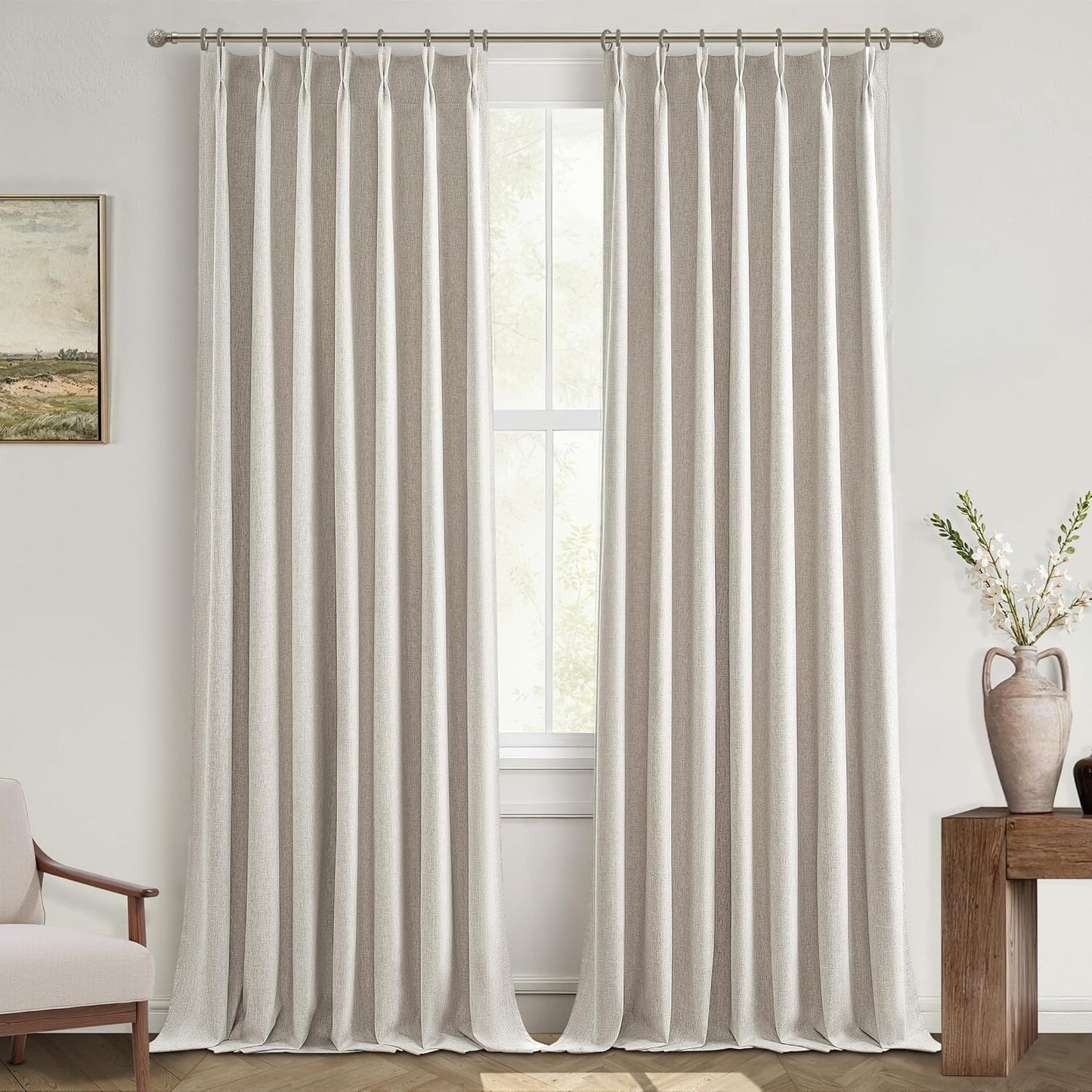 100% Blackout Thermal Curtains 84 Length 2 Panels Set for Bedroom, Linen Windows Pinch Pleated Drapes with Hooks for Track 7ft Modern Rustic Living Room Darkening Curtains 84 Inches Long Off White