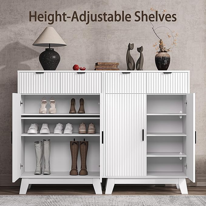 Fluted Shoe Cabinet, 4-Tier Mid Century Modern Narrow Shoe Storage Cabinet - Image 3