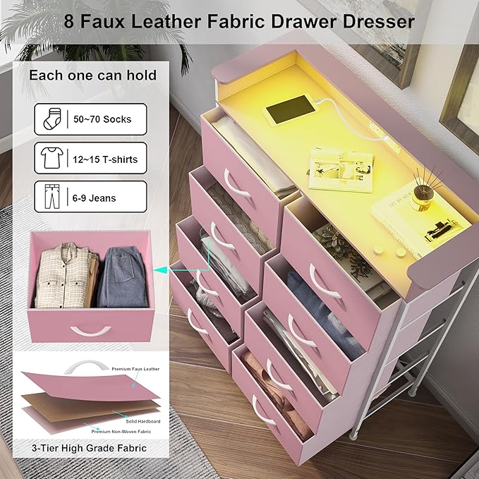 Pink Dresser for Bedroom with Charing Station Dressers with LED Lights Tall - Image 6