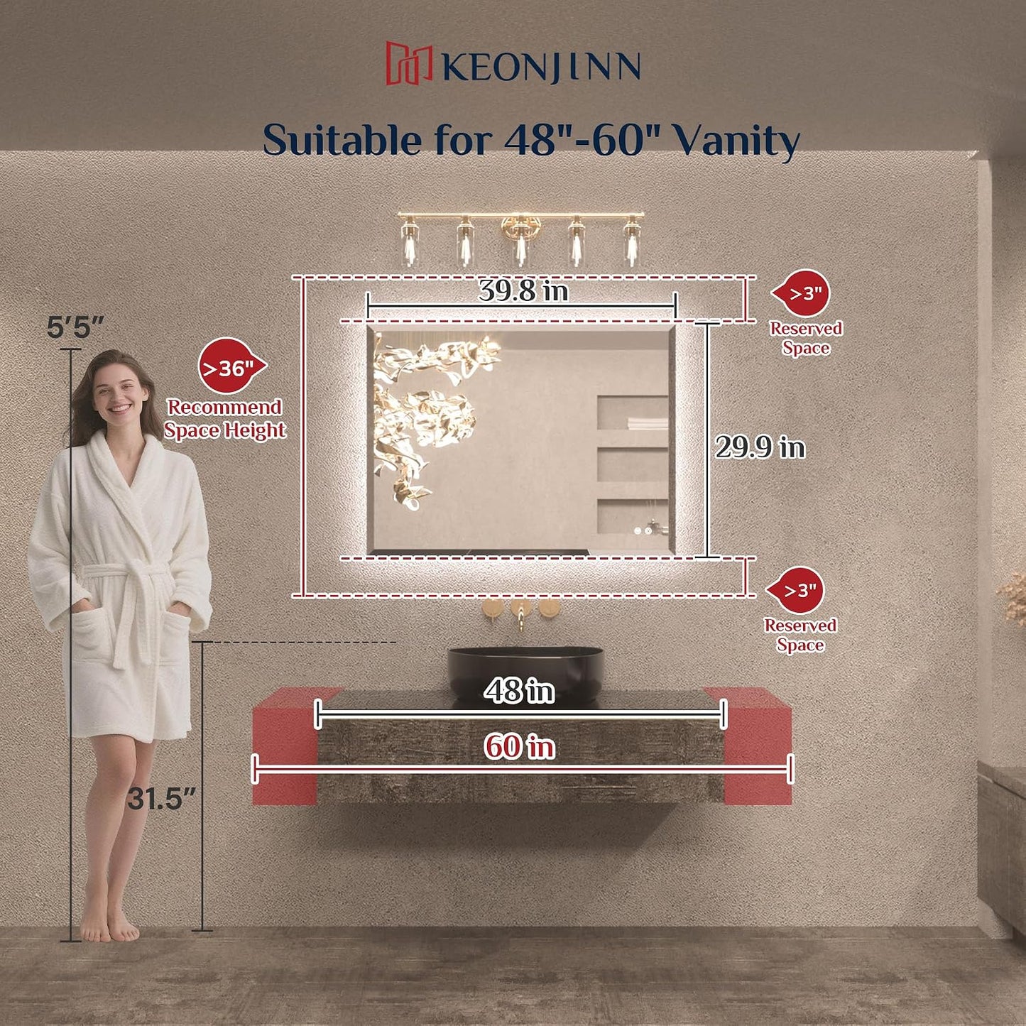 Keonjinn 40"x30" LED Backlit Mirror, Lighted Bathroom Mirrors for Over Sink | Tempered Glass Beveled Edge, Dimmable 3 Color Lights, Defogging, Memory Function, Effortless French Cleat Installation, Salon