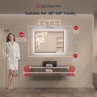 Keonjinn 40"x30" LED Backlit Mirror, Lighted Bathroom Mirrors for Over Sink | Tempered Glass Beveled Edge, Dimmable 3 Color Lights, Defogging, Memory Function, Effortless French Cleat Installation, Salon