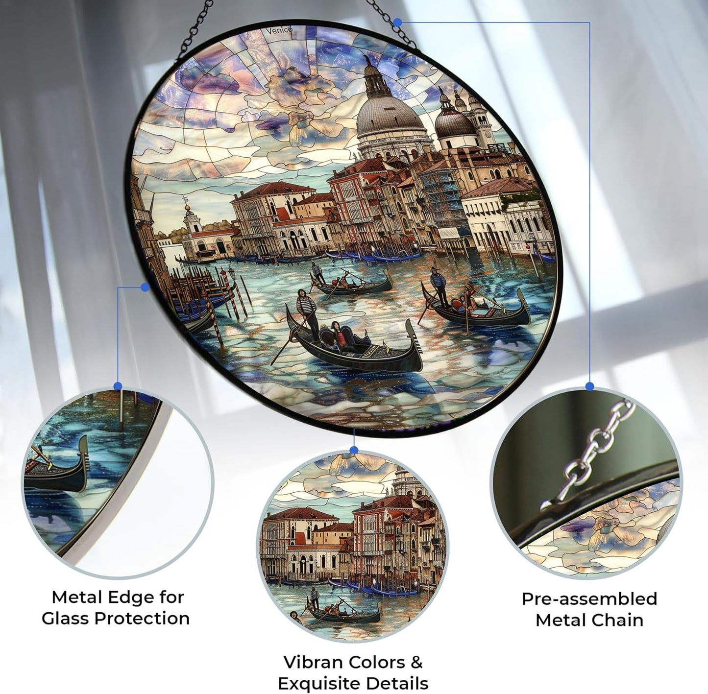 Customized Venice Italy Stained Glass Window Hanging Sun Catcher Halloween Haning Ornament Decoration Christmas Birthday Gifts for Lover Friends Mother Day