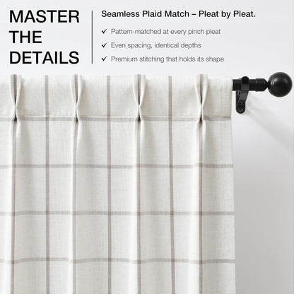 Vision Home Tan Plaid Linen Pinch Pleated Full Tanout Curtains Checkered Thermal Insulated Window Panels 90 inch for Bedroom Living Room Light Blocking Rustic Pleat Drapes with Hooks 40" Wx90 Lx2