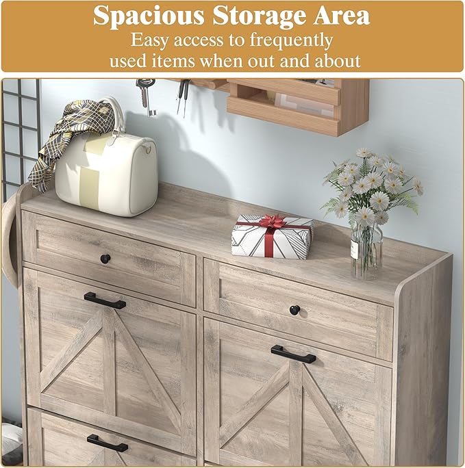 Shoe Cabinet with 4 Flip Drawers & 2 Storage Drawers, Rustic Farmhouse Narrow - Image 4