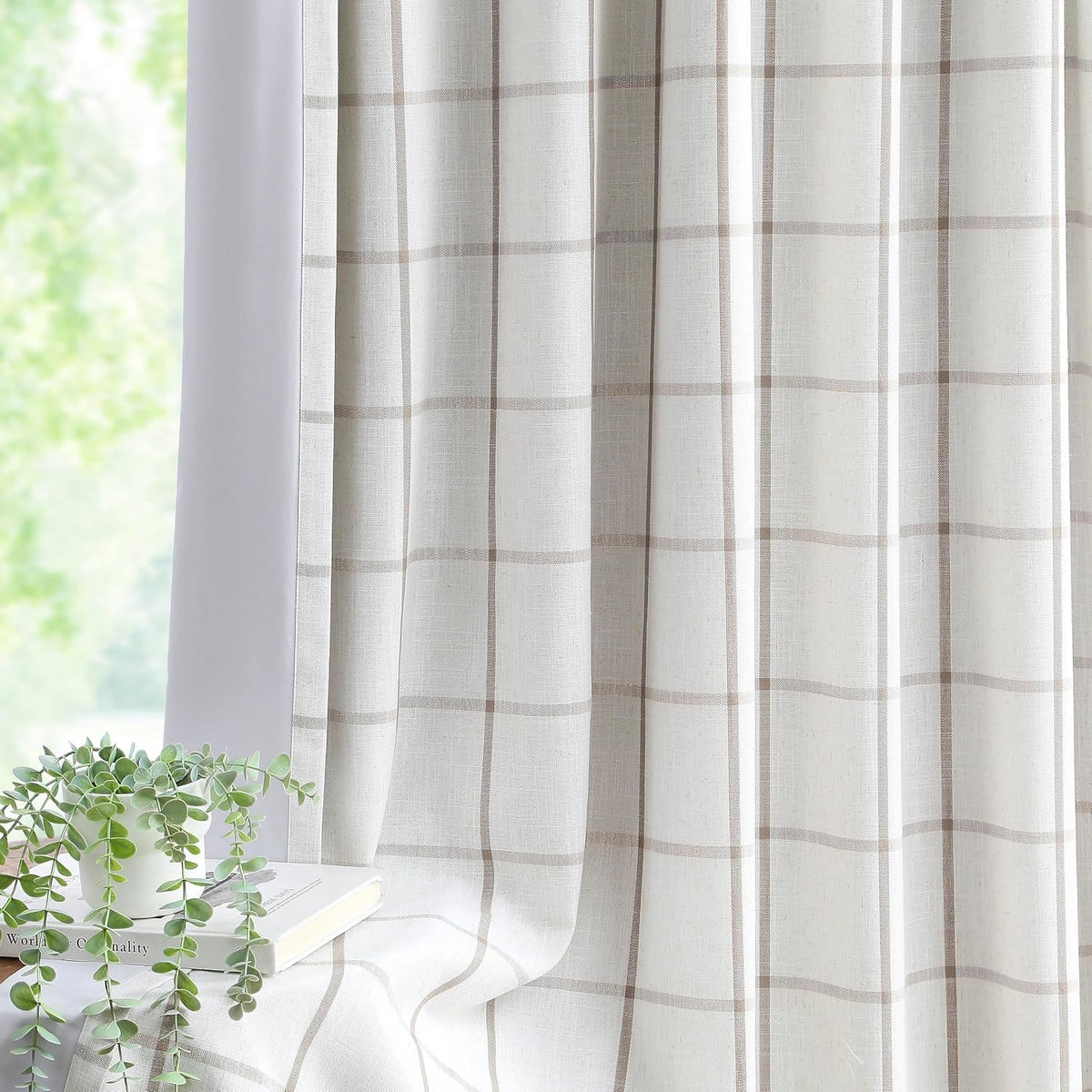 Vision Home Tan Plaid Linen Pinch Pleated Full Tanout Curtains Checkered Thermal Insulated Window Panels 90 inch for Bedroom Living Room Light Blocking Rustic Pleat Drapes with Hooks 40" Wx90 Lx2