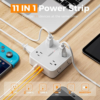 Surge Protector Power Strip, TESSAN Flat Plug Extension Cord - Image 2