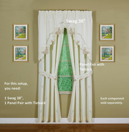 Today's Curtain Verona Reverse Embroidery Swag, 38", Ecru/Rose, 60"W X 38"L