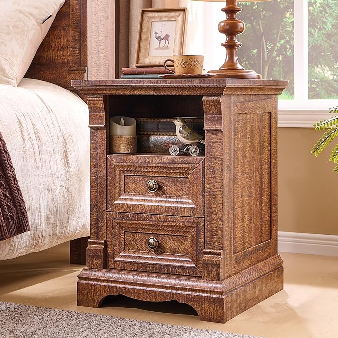 T4TREAM Farmhouse Nightstand Set of 2, Wooden End Table w/Roman Column - Image 2