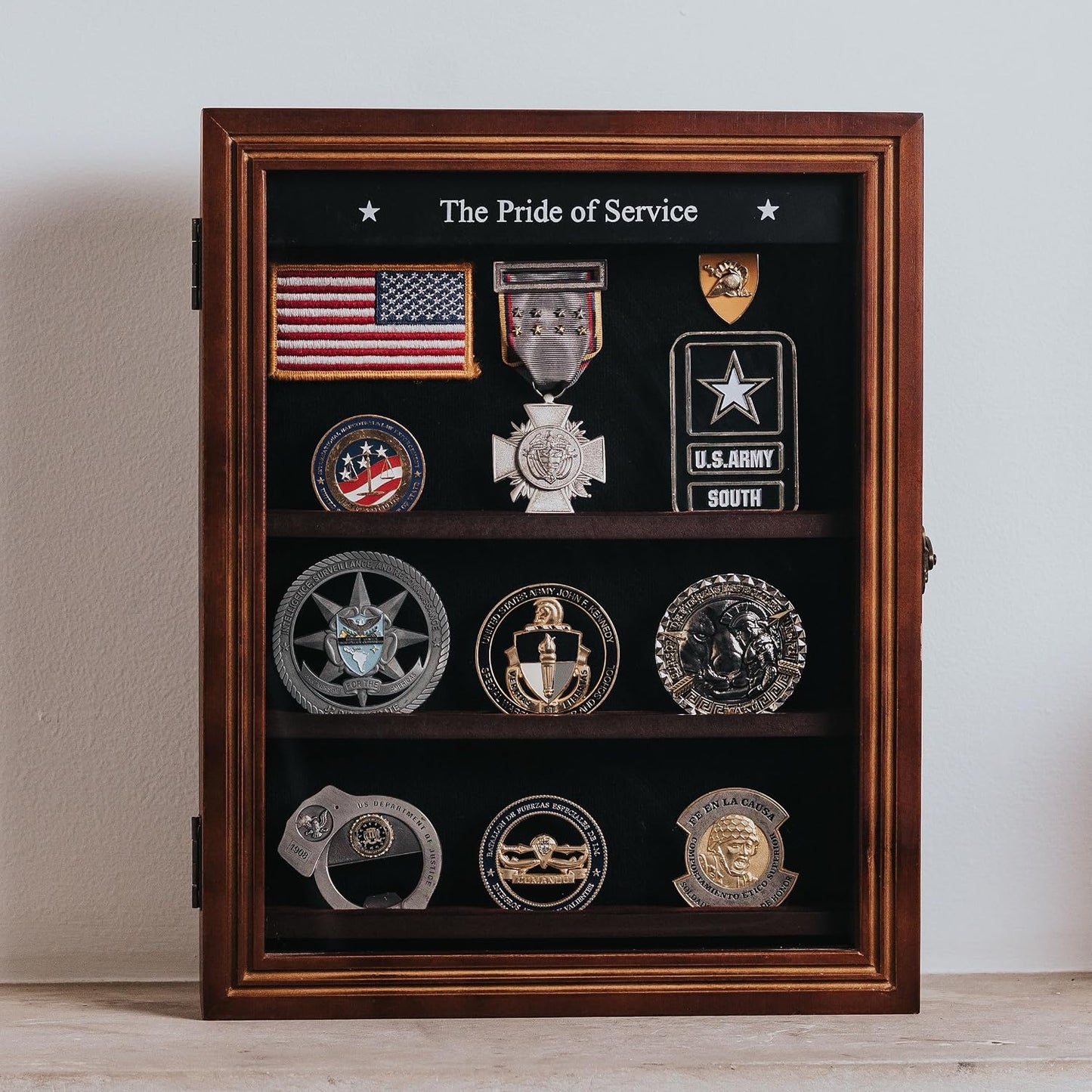 Treevers Large Challenge Coin Display Case - Pride of Service Engraved Edition - 17-Slot Military Shadow Box for Army, Navy & Police - Solid Wood Cabinet with Lockable Crystal-Clear Door & Wall Mount