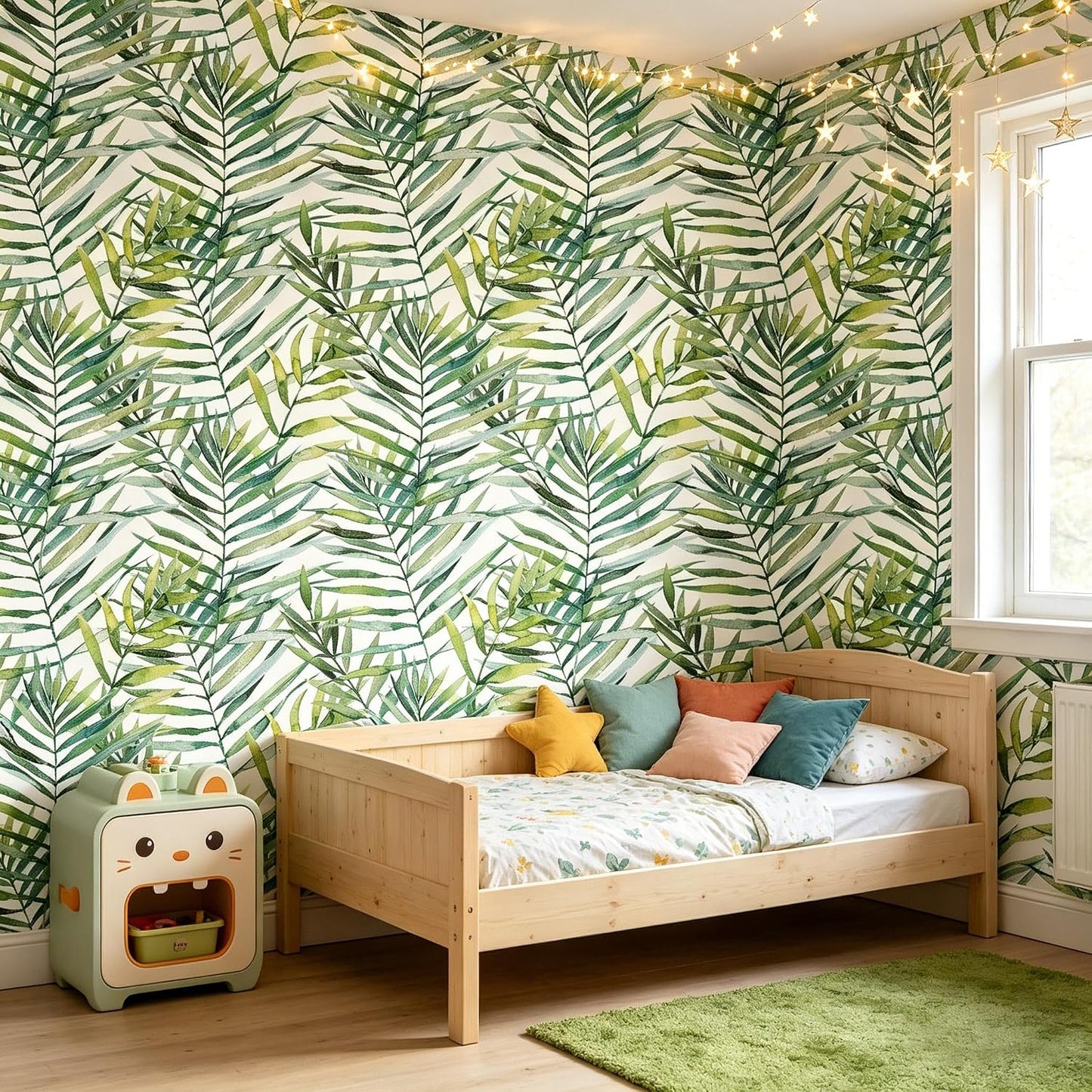 Tropical Watercolor Green Leaf Plants Peel and Stick | self adhesive Wallpaper - 96''x32''