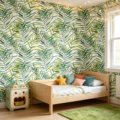 Tropical Watercolor Green Leaf Plants Peel and Stick | self adhesive Wallpaper - 96''x32''