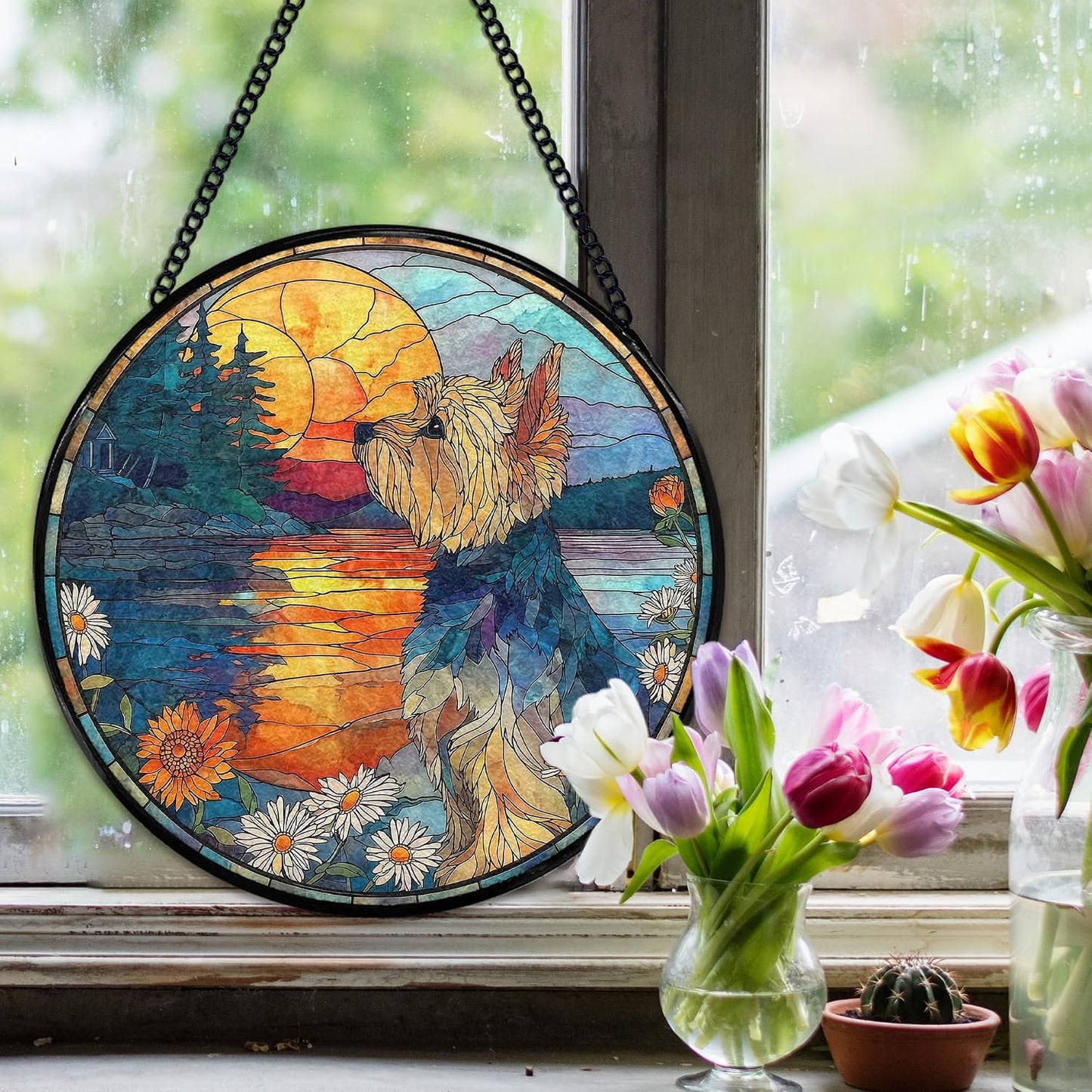 Yorkshire Flower Suncatcher Stained Glass Window Hanging, Yorkshire Gifts Sun Catchers Indoor Window Glass Wall Art Decor, Dog Round Wall Hanging Decorations, 7.9x7.9 inch