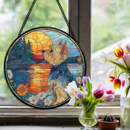 Yorkshire Flower Suncatcher Stained Glass Window Hanging, Yorkshire Gifts Sun Catchers Indoor Window Glass Wall Art Decor, Dog Round Wall Hanging Decorations, 7.9x7.9 inch