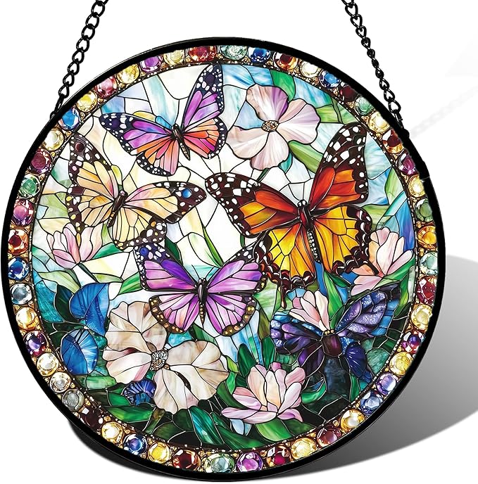 DASTOLL Stained Glass Window Hanging, Colorful Butterfly Suncatcher by DASTOLL