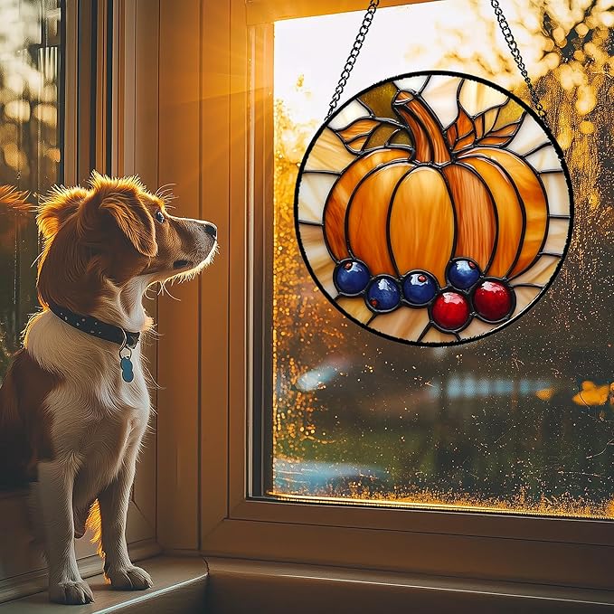 DASTOLL Stained Glass Window Hanging Fall Pumpkin Berries 6.3" - Image 3