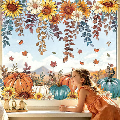 8 Sheets Fall Window Clings Sunflower Pumpkin Sticker Autumn Glass Decor | Butterfly Hanging Vine Leaves Window Decals Static Reusable for Thanksgiving Harvest Party Decoration Home Office Decorations