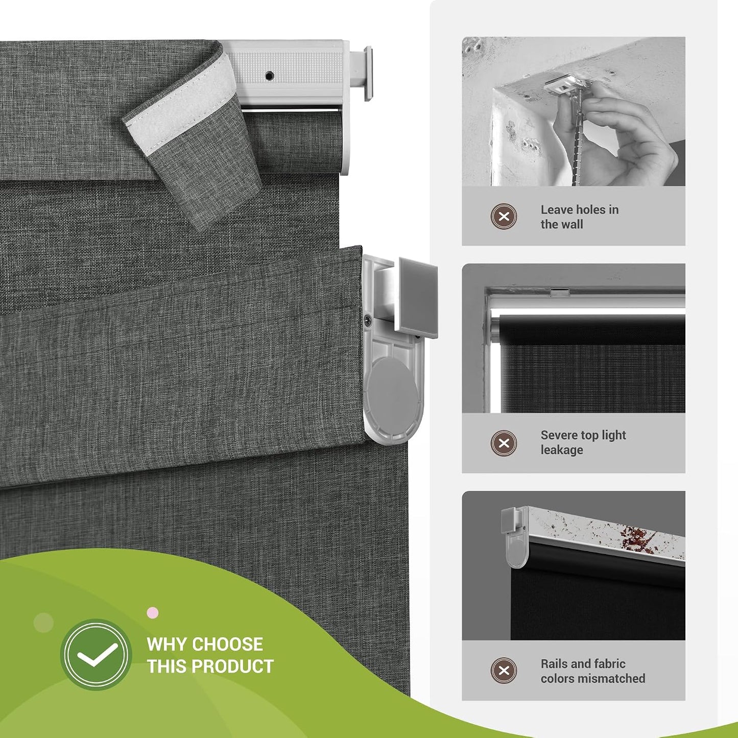 No Drill No Tools Blackout Roller Shades for Windows | Cordless Blinds with Baffles, Custom Roller Blinds for Home Office Door, Custom Size, Dark Grey(Single Tensioner)