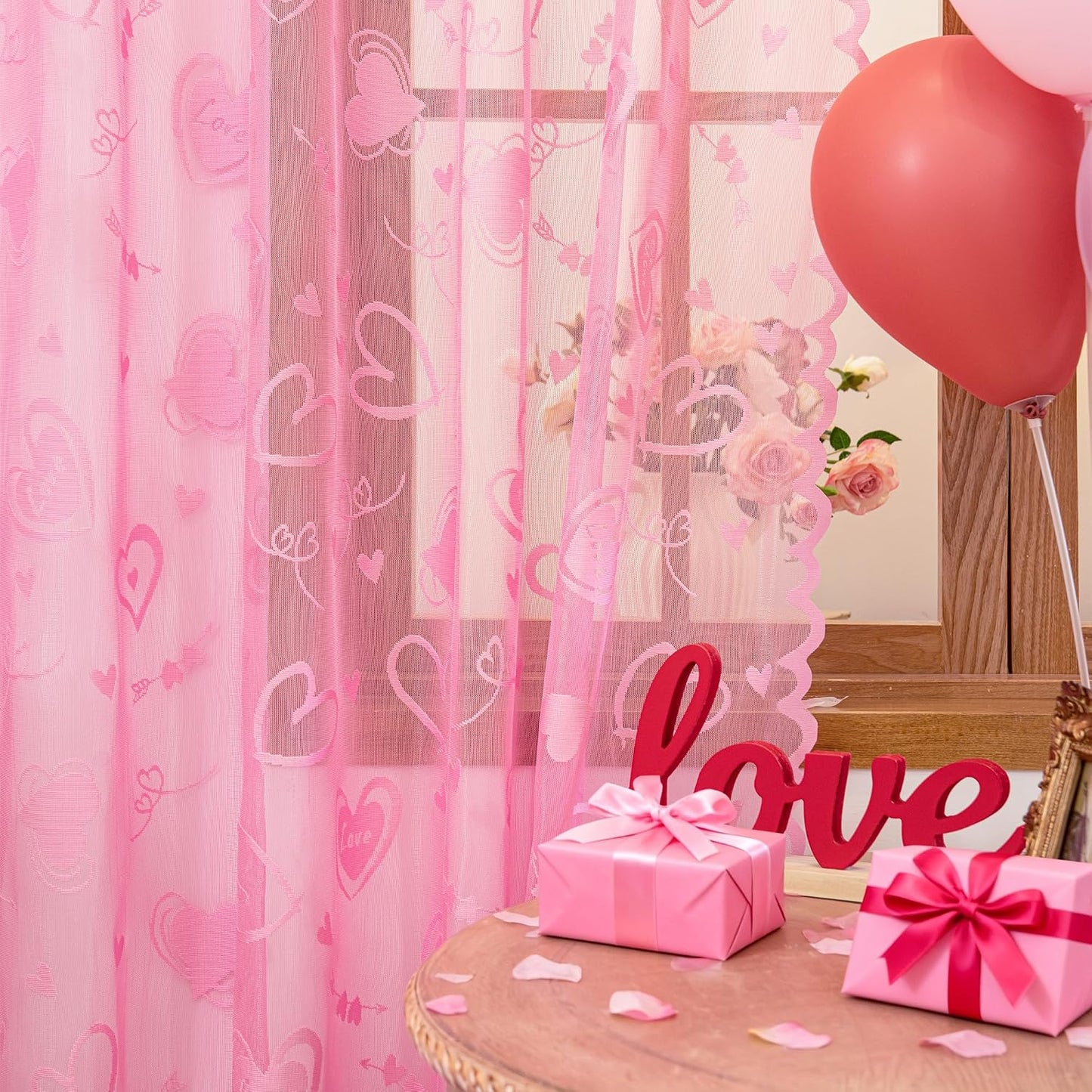 Valentine's Day Lace Curtains 63 Inch Length for Living Room Pink | Holiday Decoration Love Heart Embroidery Weave Sheer Curtains, Rod Pocket Country Rustic Drapes 54 x 63 Inch 2 Panels