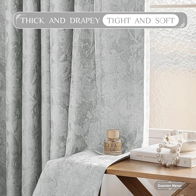Beauoop Grey Floral Jacquard Blackout Curtains 63 Inches Long 2 Panels - Image 6