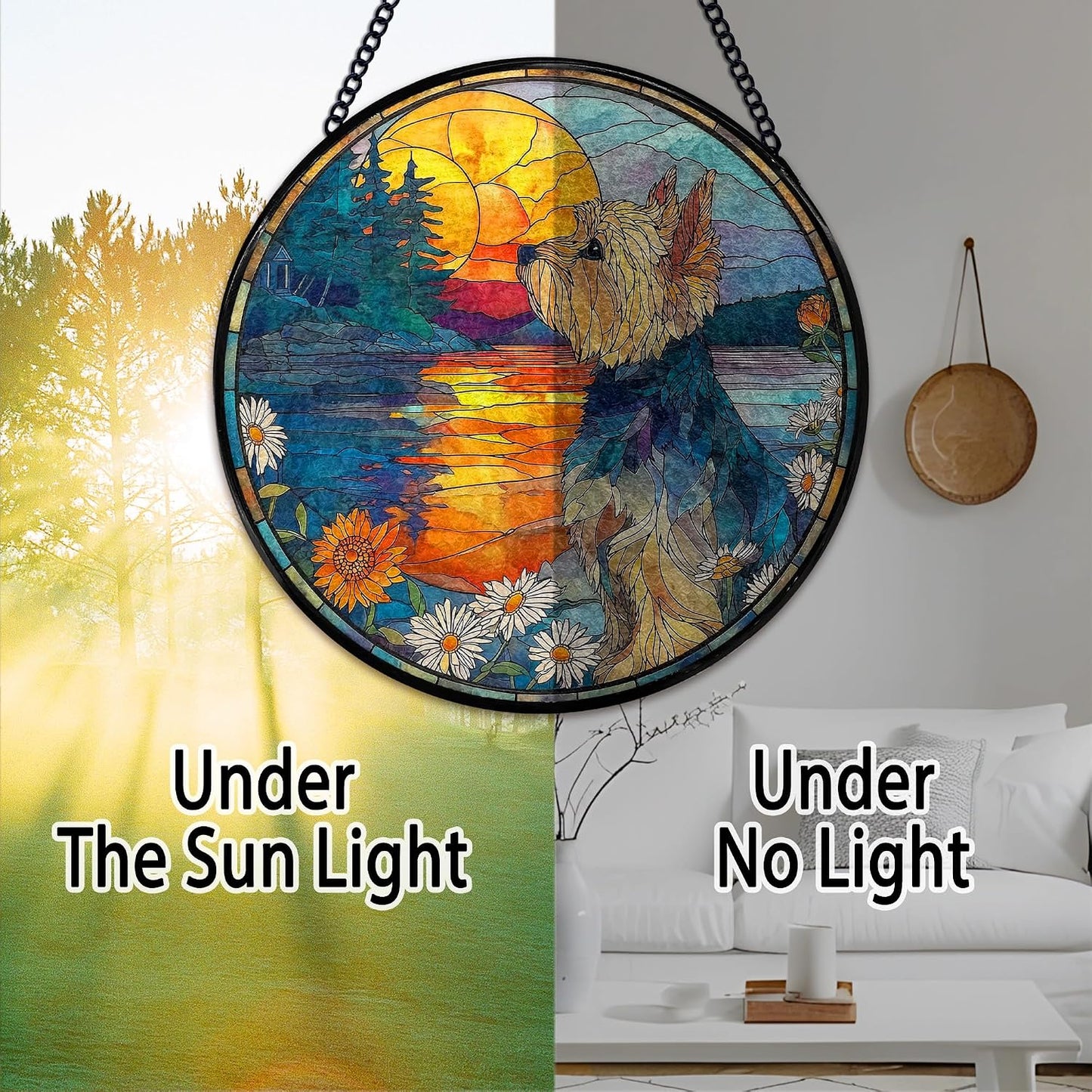 Yorkshire Flower Suncatcher Stained Glass Window Hanging, Yorkshire Gifts Sun Catchers Indoor Window Glass Wall Art Decor, Dog Round Wall Hanging Decorations, 7.9x7.9 inch