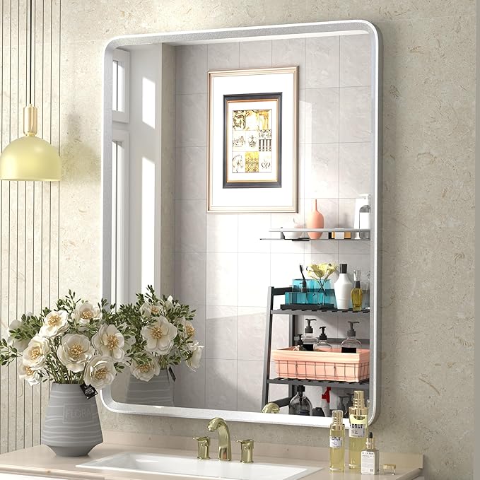 28x36 Brushed Silver Mirror for Bathroom, Nickel Silver Metal Framed Vanity by GOLOMO