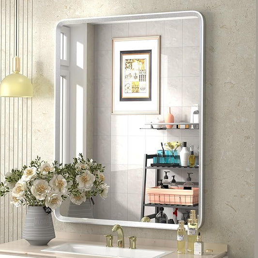 28x36 Brushed Silver Mirror for Bathroom, Nickel Silver Metal Framed Vanity by GOLOMO