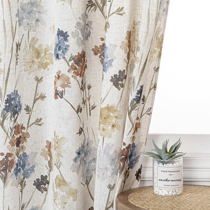 MYSKY HOME Floral Linen Curtains 84 inch Length 2 Panels Set Summer Flower Patterned Semi Sheer Light Filtering Privacy Farmhouse Grommet Drapes for Living/Dining Room, Yellow, W52 x L84, Pack-2