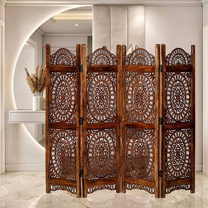 Lightnpro Wood Heart Design Handmade Hinged Foldable Partition 4 Panel Room - Image 7
