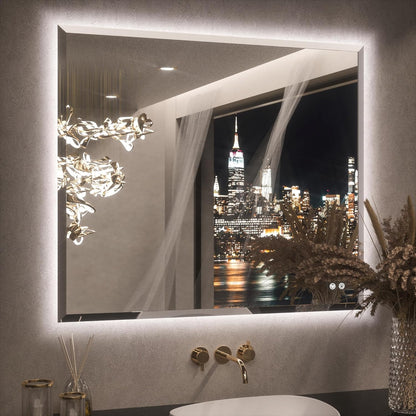 Keonjinn 42" x 36" Backlit Bathroom Mirror with Lights, Safe Tempered Glass | Beveled Edge, 3 Color Lights, Dimmable, Efficient Defogging, French Cleat, Memory Function, Lighted Bathroom Vanity Mirror
