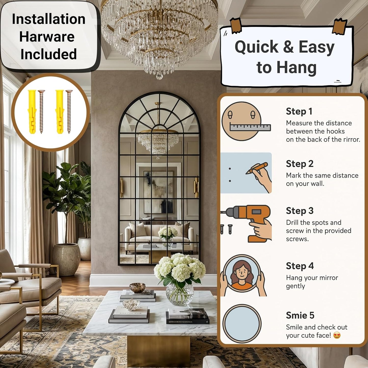 70x30Inch Large Arched Window Pane Mirror| Black Arched Mirrors for Wall & Floor | Arch Mirror Full Length for Entryway Living Room & Bedroom | Oversized Mirrors | Wall Art Decorative |Farmhouse Décor