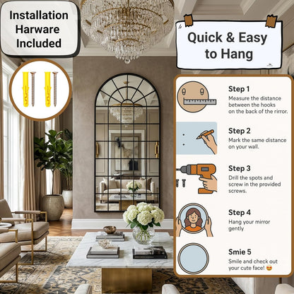 70x30Inch Large Arched Window Pane Mirror| Black Arched Mirrors for Wall & Floor | Arch Mirror Full Length for Entryway Living Room & Bedroom | Oversized Mirrors | Wall Art Decorative |Farmhouse Décor