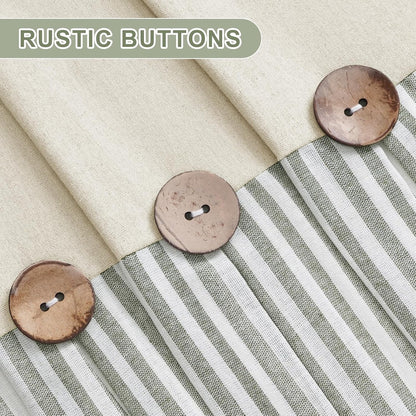 BLEUM CADE Farmhouse Valances for Windows, Cotton Linen Kitchen Curtains Valance, Boho Small Window Curtains for Kitchen, Bathroom, Cafe, Green Stripe Valance with Rustic Buttons, 52 x 18 Inch