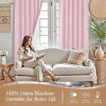 LAMIT 100% Blackout Linen Curtains, 72 Inches Linen Textured Thermal Bedroom - Image 2