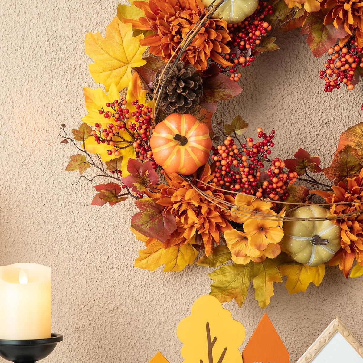 Glitzhome 24 inch Artificial Fall Wreath Decor, Autumn Maple Leaf Wreath for ...