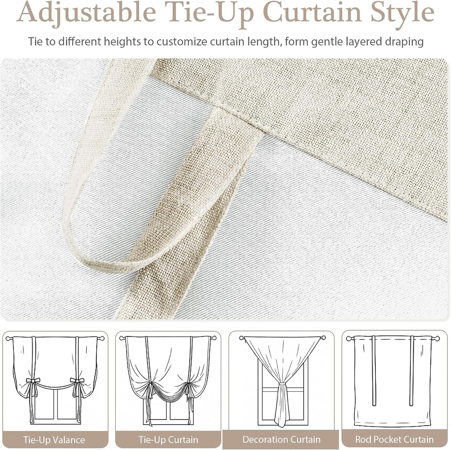 DriftAway Double Layer Linen Blackout Tie Up Curtains Thermal Insulated Fully Lined Balloon Roman Shade Bathroom Window Adjustable Rod Pocket for Small Window 45 Inch by 63 Inch Beige