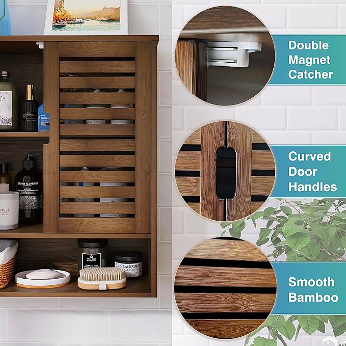 SMIBUY Bathroom Cabinet Wall Mounted, Bamboo Over-The-Toilet Storage Organizer - Image 5