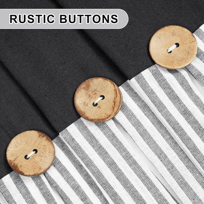 BLEUM CADE Farmhouse Kitchen Curtains 24 Inch, Cotton Linen Cafe Curtains with Rustic Buttons, Boho Small Window Curtains for Bathroom, Black with Grey Stripe Half Window Drapes Over Sink, 2 Panels