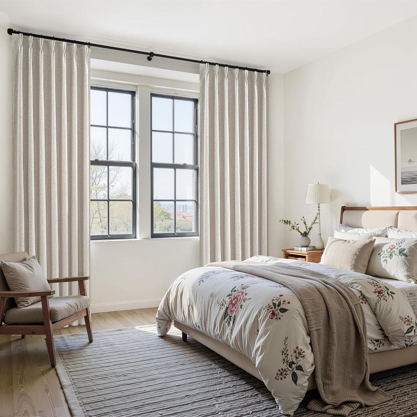 100% Blackout Thermal Curtains 84 Length 2 Panels Set for Bedroom, Linen Windows Pinch Pleated Drapes with Hooks for Track 7ft Modern Rustic Living Room Darkening Curtains 84 Inches Long Off White