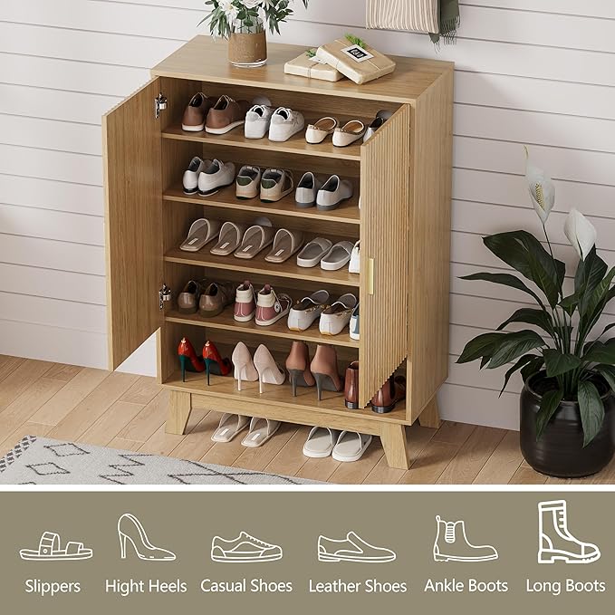 Shoe Cabinet Storage for Entryway, 5 Tier Fluted Shoe Storage Cabinet - Image 4