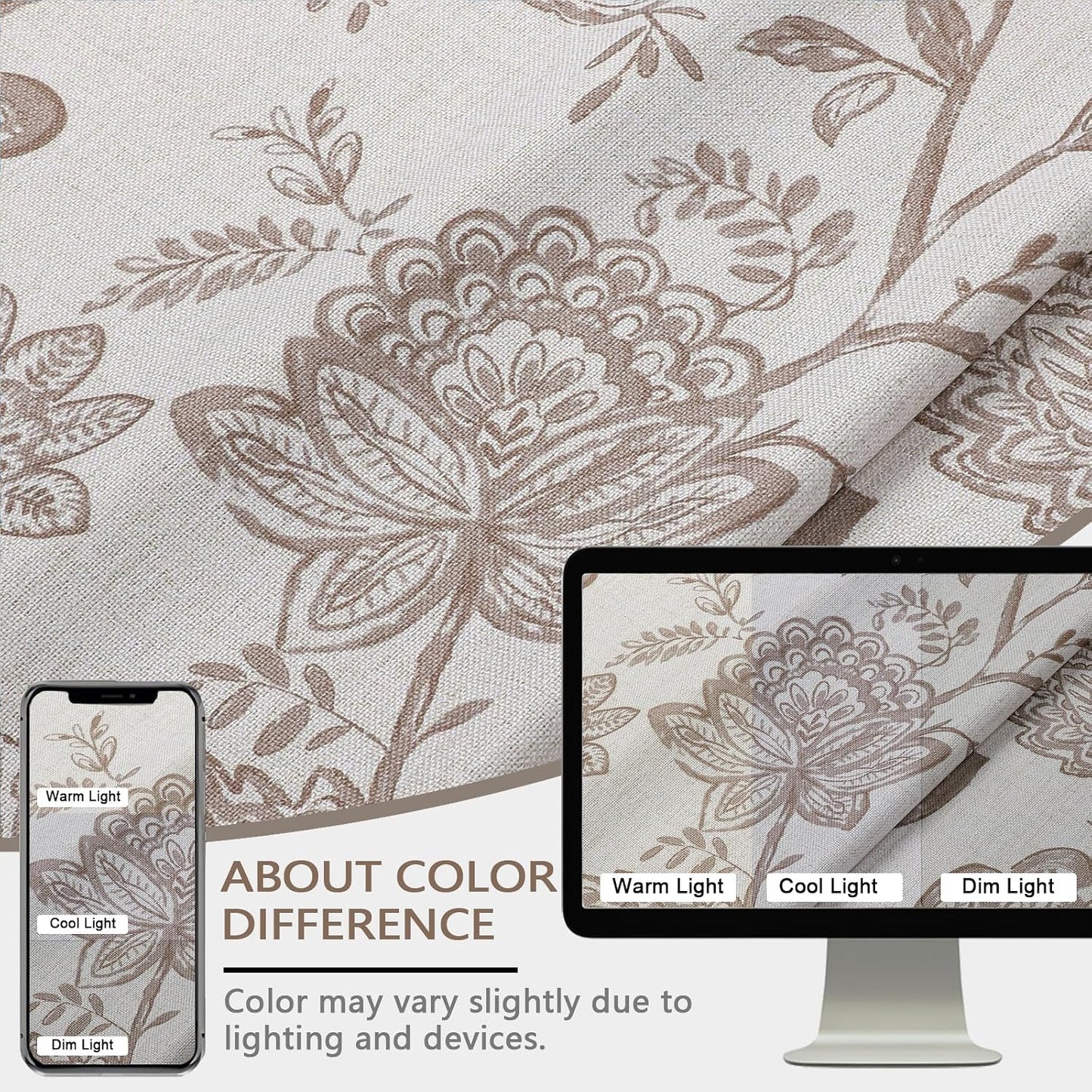 Scalloped Valance for Windows - Faux Linen Textured Short Kitchen Valance with Tassels, Farmhouse Floral Printed Small Window Curtains for Bathroom Basement RV, 1 Piece, 52Wx18L Inches, Taupe