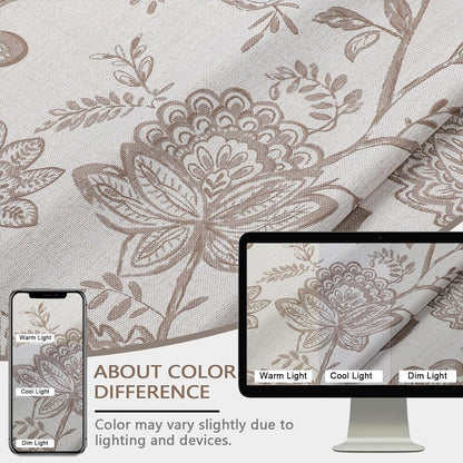 Scalloped Valance for Windows - Faux Linen Textured Short Kitchen Valance with Tassels, Farmhouse Floral Printed Small Window Curtains for Bathroom Basement RV, 1 Piece, 52Wx18L Inches, Taupe