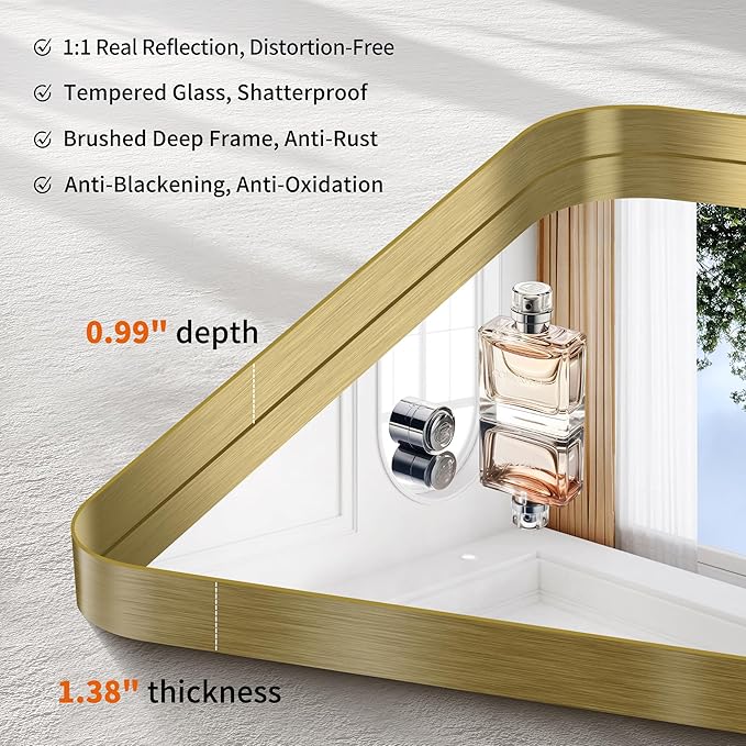 CIRCUMI Gold Bathroom Mirror, Rounded Corner, Tempered Glass, Large Mirror - Image 3