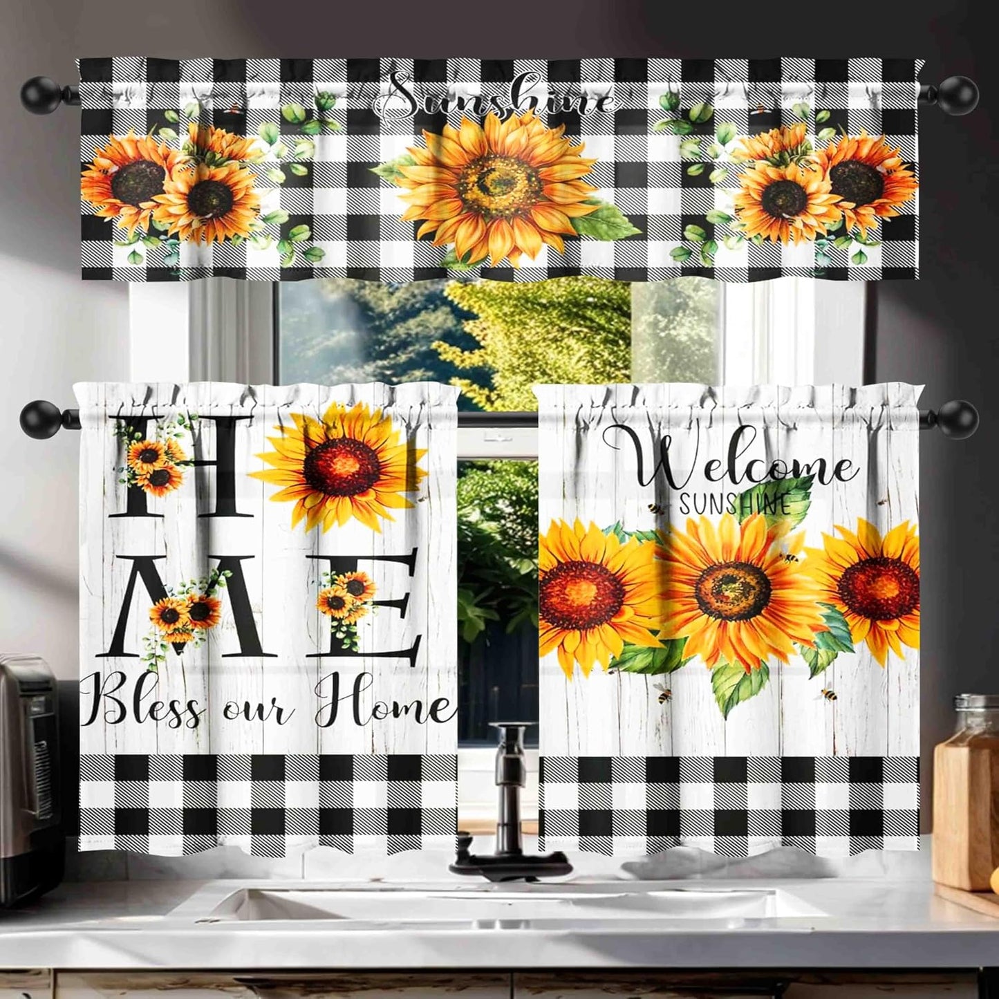 3 Piece Sunflower Kitchen Curtains and Valances Set for Windows Sunflower Art Kitchen Window Curtains Over Sink Decor 27.5x36 in