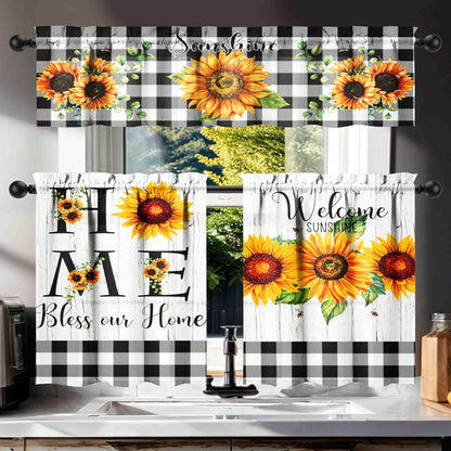 3 Piece Sunflower Kitchen Curtains and Valances Set for Windows Sunflower Art Kitchen Window Curtains Over Sink Decor 27.5x36 in